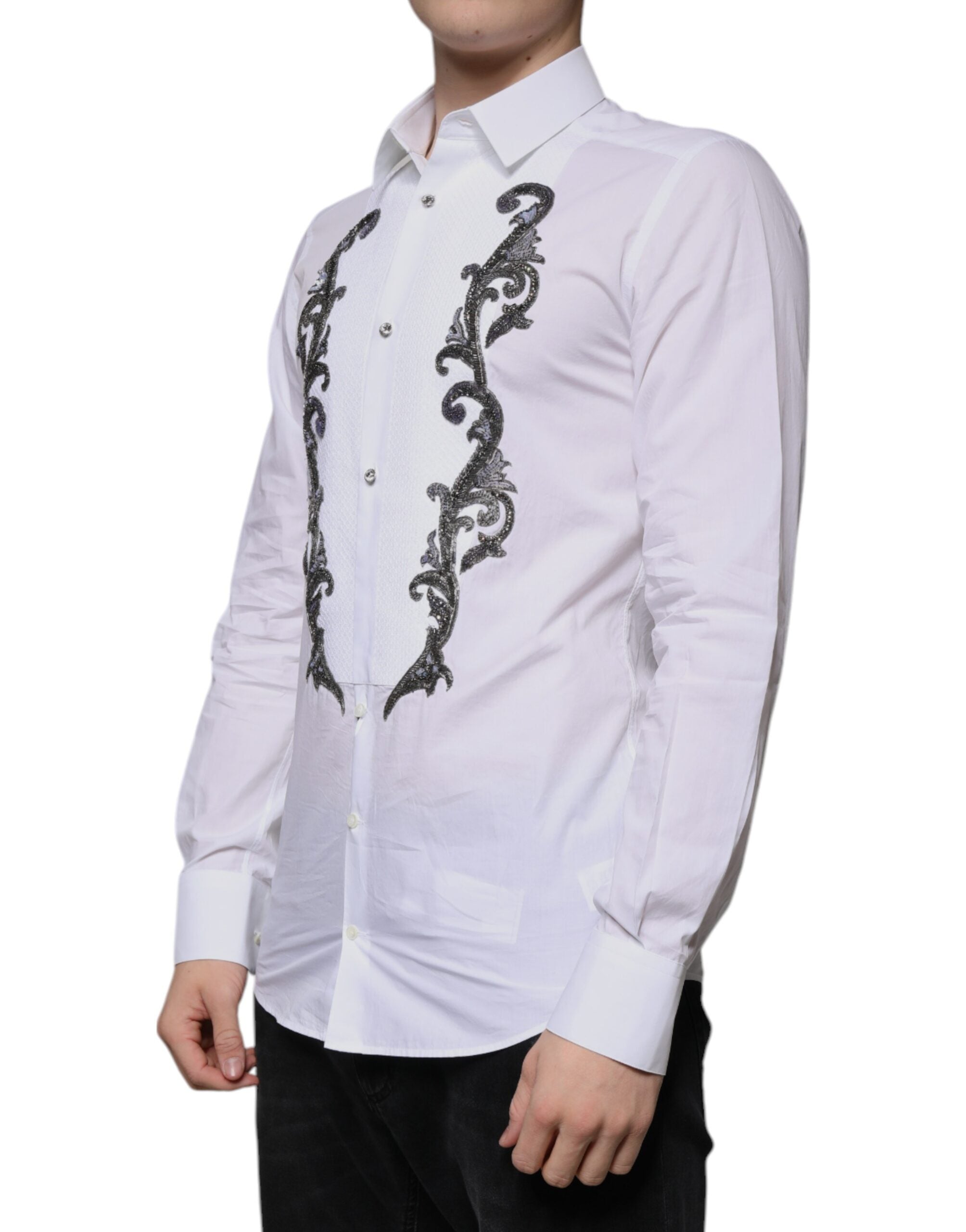 Dolce & Gabbana White Slim Fit Baroque GOLD Men's Shirt